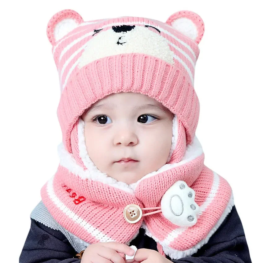 Unisex Kids Cartoon Bear Stripe Hats And Scarf Baby Cap Set Girl Boy Cap Scarf Set Child Winter Earmuffs Hat Warm Suit