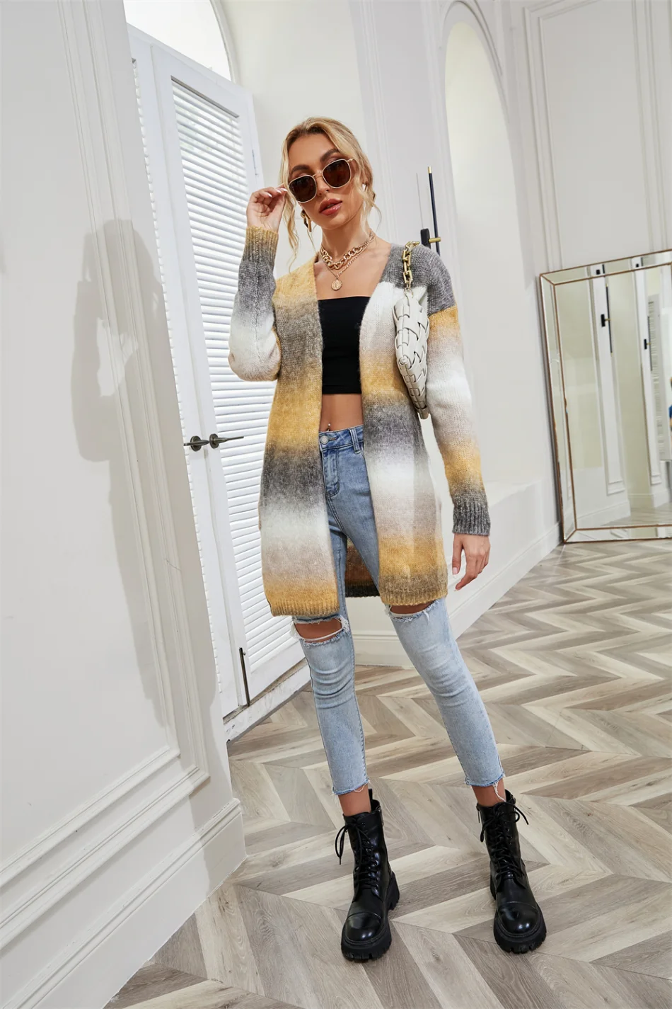 2024 New Winter European American Sweaters Rainbow Tie-dye Mid-length Oversized Cardigan Women Knitwear Jacket Long Sleeved Tops