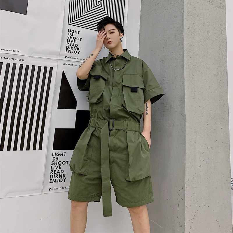 Men One Piece Overalls Multi Pockets Cargo Shorts Dark Harajuku Handsome Ins Bodysuit Singer Shorts Set Belt Sashes Chic Shorts