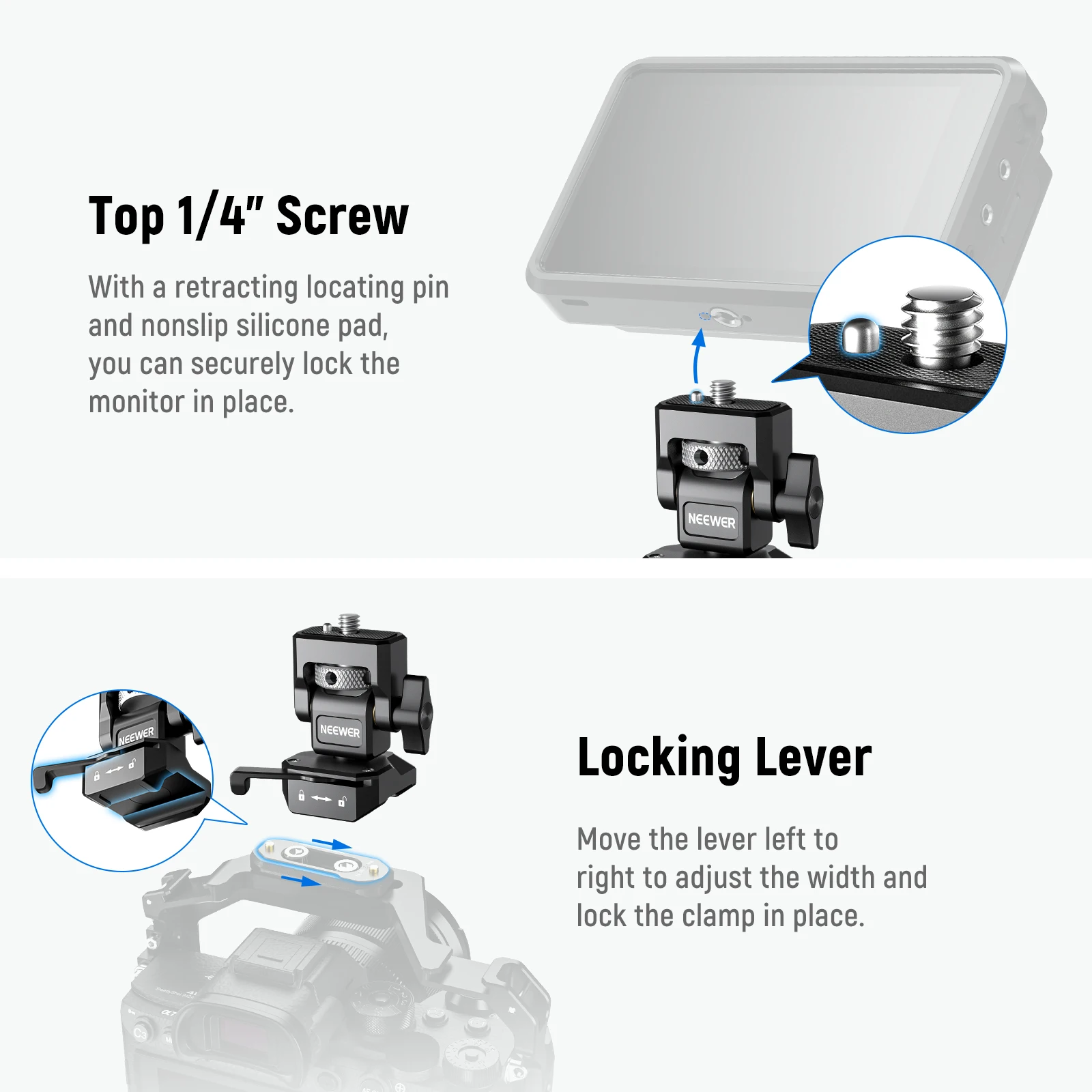 Description Picture 5 of itemNEEWER DSLR Camera Clamp Adjustable Monitor Mount with Cold Shoe Anti Twist 1/4" Screw for Monitor Flash Light DIY Attachment