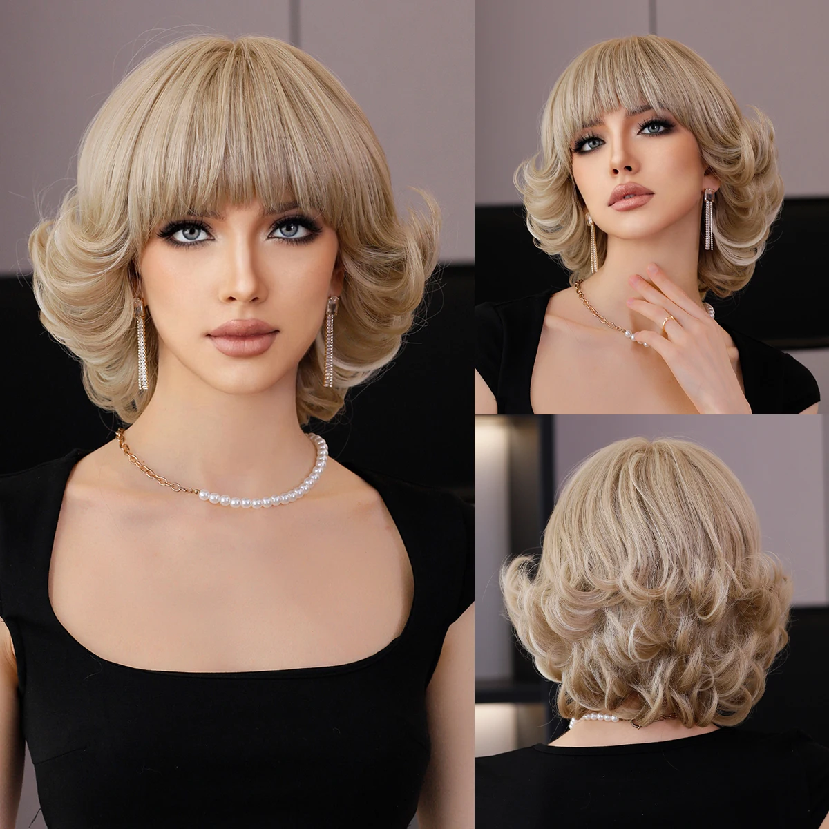 NAMM Short Silvery Blonde Retro Bob Wig with Bangs for Women Daily Party Synthetic Straight Light Blonde Wigs Heat Resistant synthetic blonde wig with bangs short none lace front wig for women middle parting daily cosplay party heat resistant bang wig
