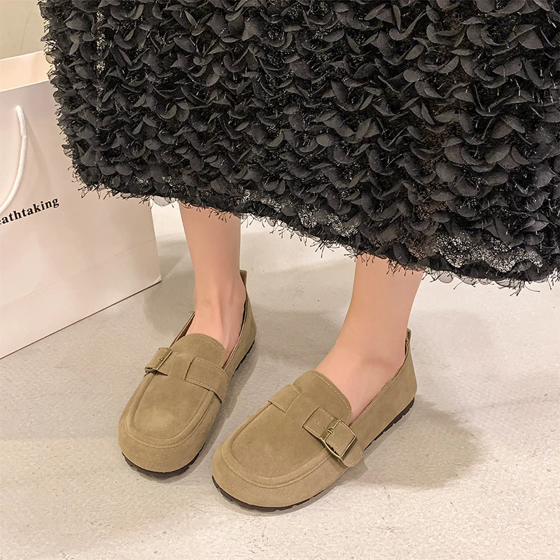 Aphixta Khaki Classic Flats Shoes Women Cotton Fabric Buckle Loafers Shoes Slip On Woman Flat With Student Footwear