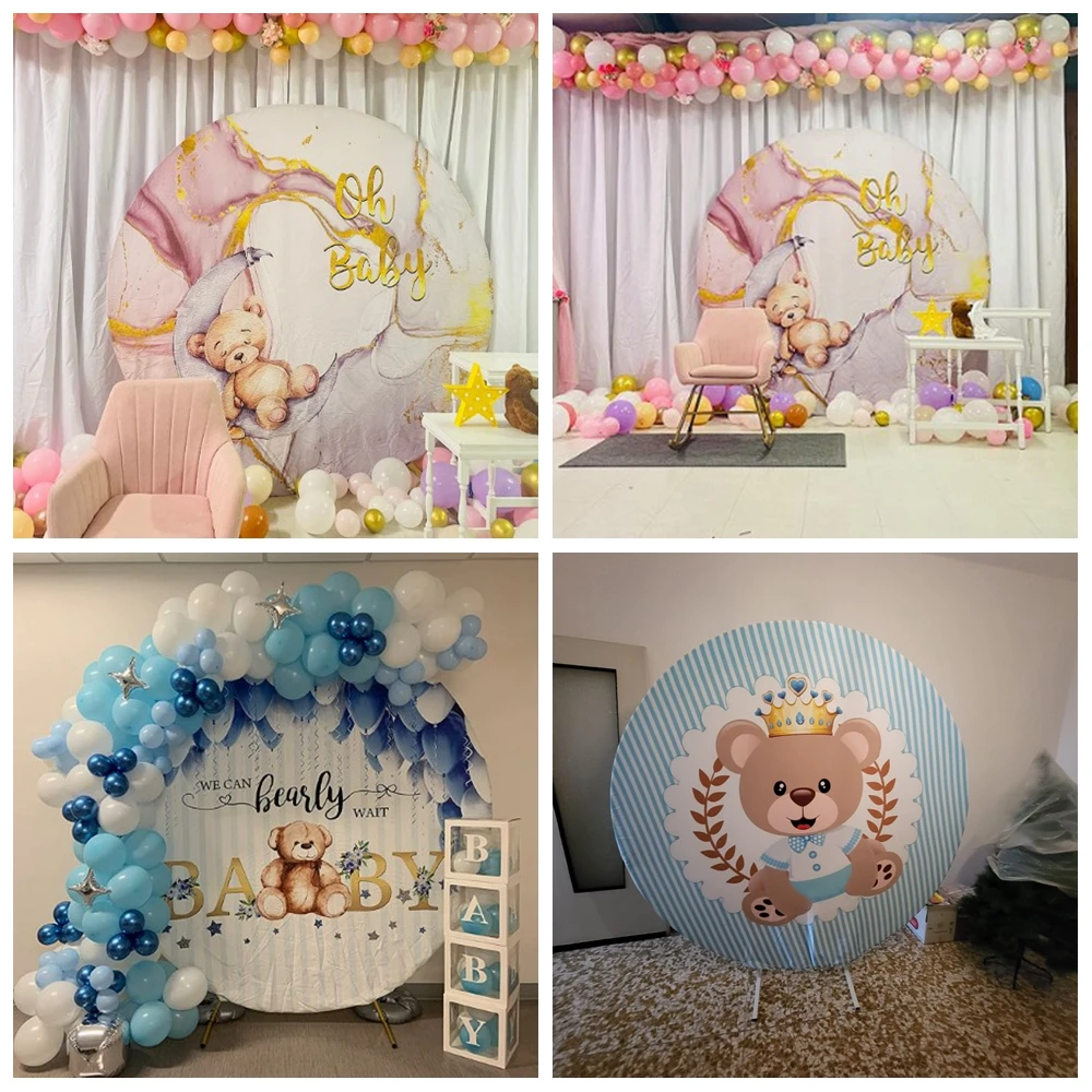 Teddy Bear Birthday Party Round Backdrops for Photography Cloud Star Balloon Baby Shower Photo Circle Backgrounds photo backdrop