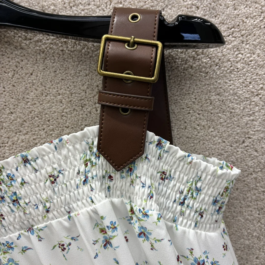 2024 Spring/Summer New Women's Wear Leather Stripe Strap Floral Elastic Waist Jumpsuit 0409