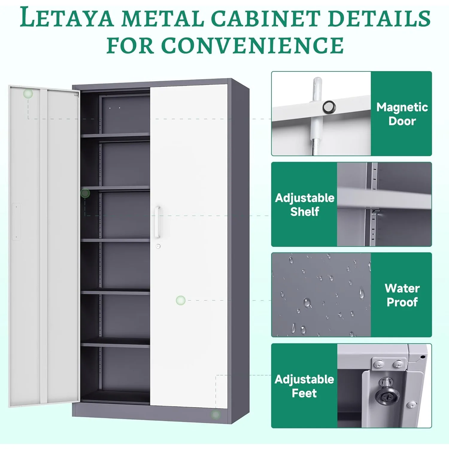 Metal Storage Cabinet with Lock Door and 5 Shelves,6 Tier Steel Garage Tool Cabinet 72" H X 36" W X18 D (White Gray) 6