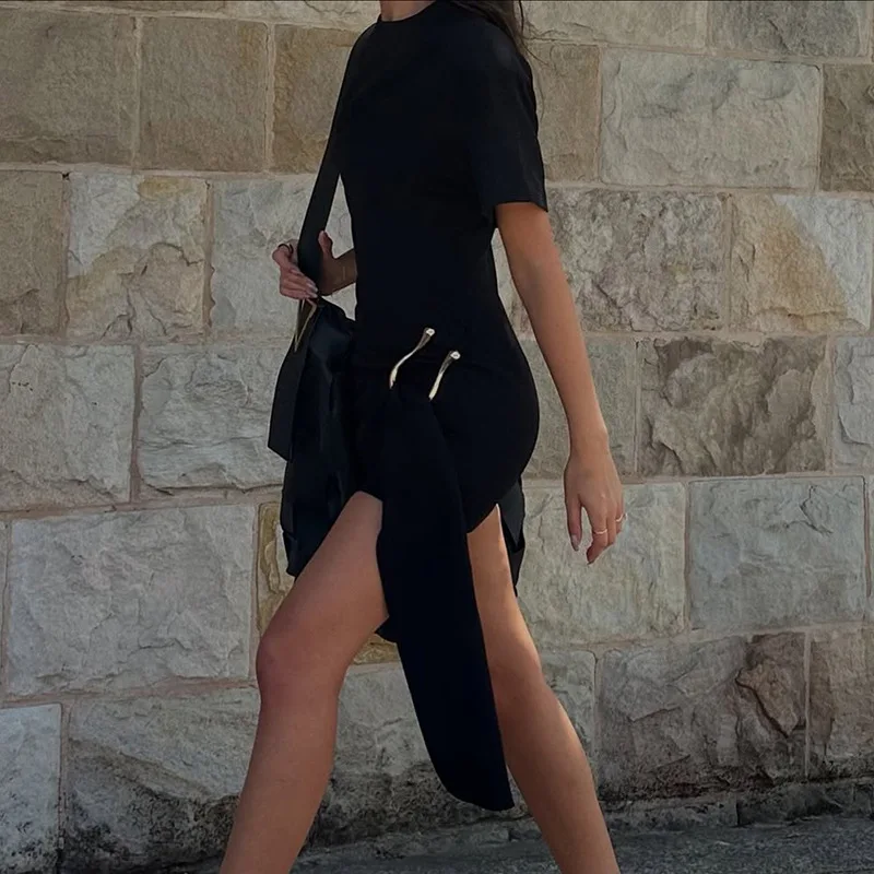 Fashion New Women's Slim-fit Crew Neck Short Sleeve Hip Wrap Dress Metal Buckle Decorative Elegant Short Casual Black Skirt
