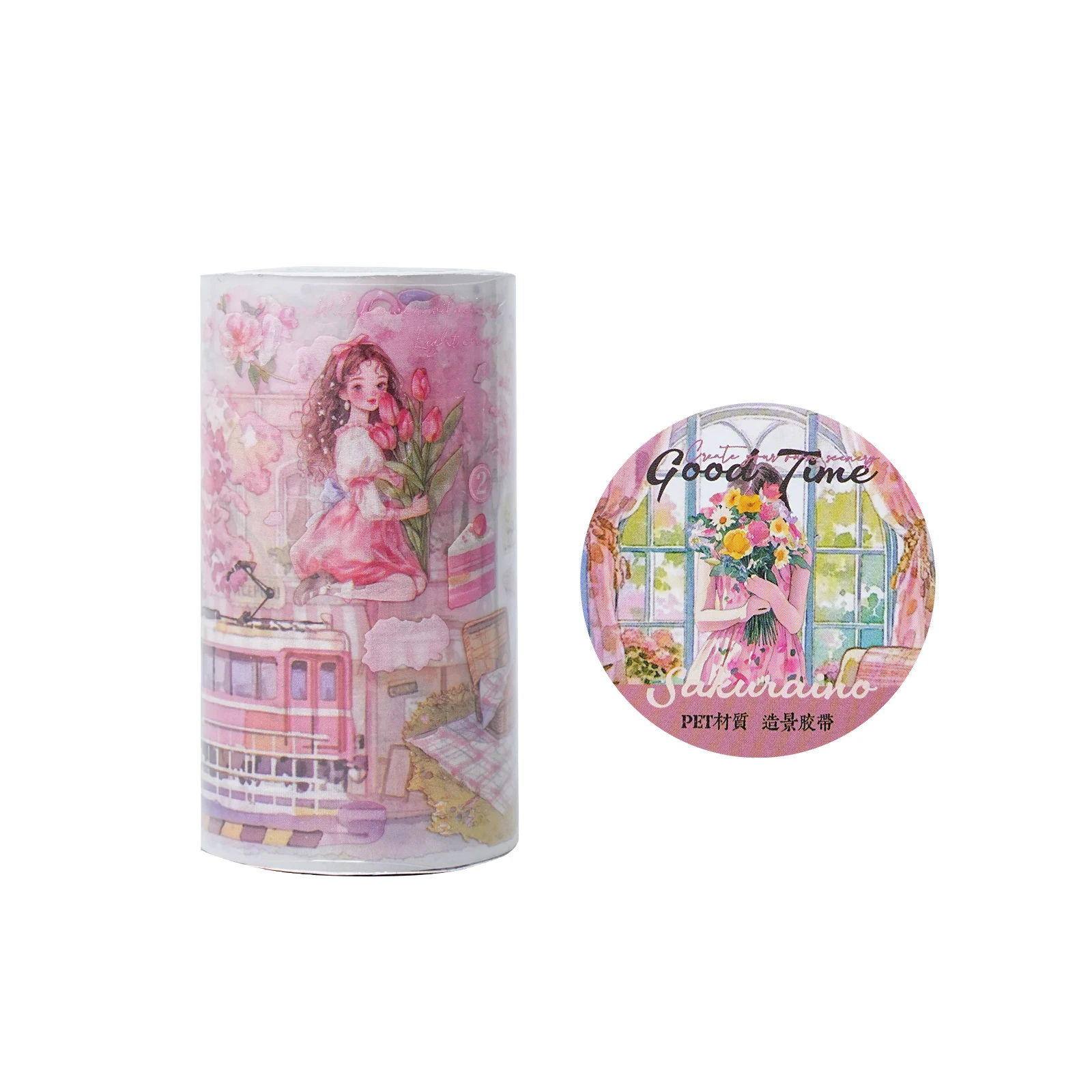 1pcs First Love Cherry Blossom Character PET Tape Sticker Aesthetic for Laptop Luggage Stickers Scrapbooking Rooms Decoration