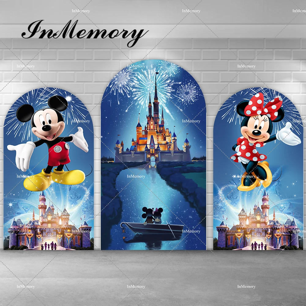 

Cartoon Mickey Minnie Arch Backdrop Cover For Kids Baby Shower Gender Reveal Party Backgrounds Princess Castle Firework Banners