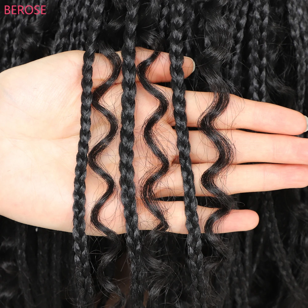 Ombre 1B 27 Burgundy 30# Boho Box Braids Crochet Hair Wigs peruque naturel femme Short Box Braided Wig with Curly Hair for Girls
