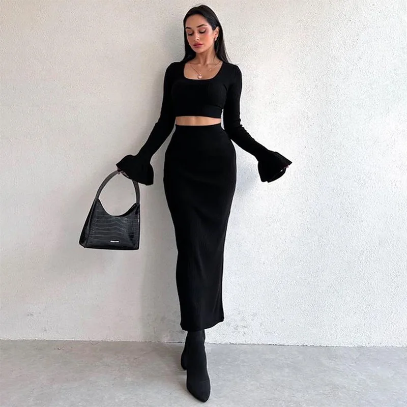

Women's Ribbed Slim 2 Piece Set Solid Square Neck Long Flare Sleeve Crop Top and Elastic High Waist Maxi Skirt Party Streetwear
