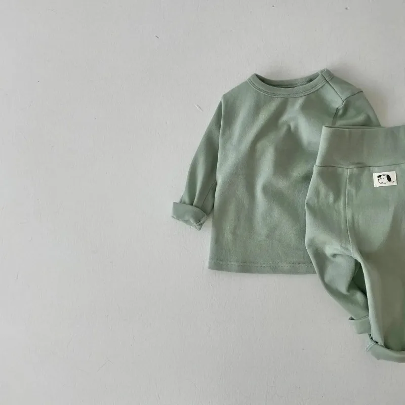 New Spring Autumn Baby Boy Girl Pajamas Solid Color Round Collar Long Sleeve Top+Soft Pants Newborn Home Wear Nightgown E22773