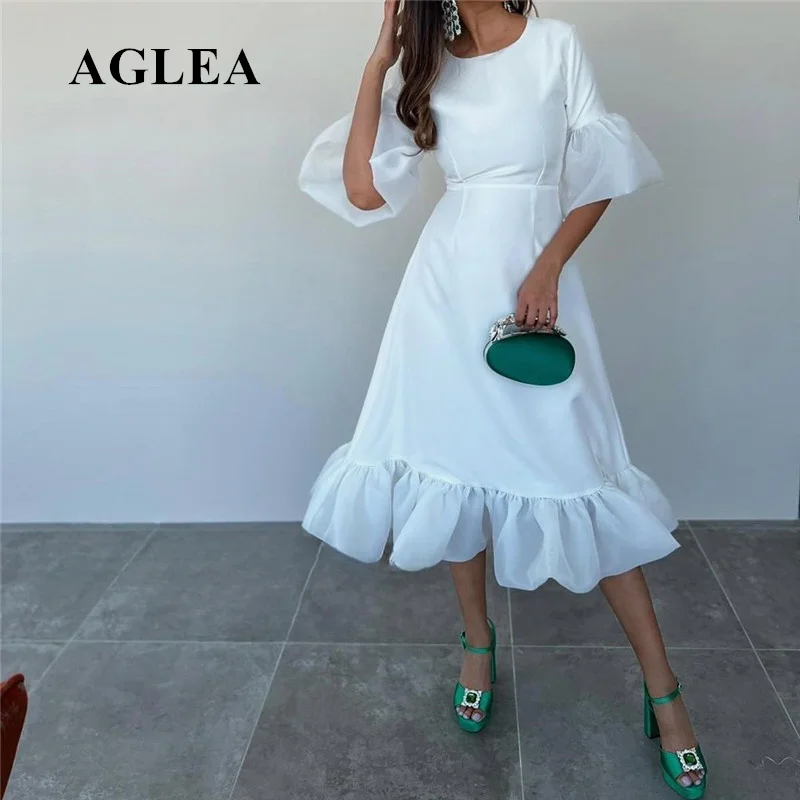 

Prom Dress Half Sleeves Arabic Women Tea Length Party White Satin Jewel Neck Formal Occasion Evening Gowns Robe De Soirée Femme