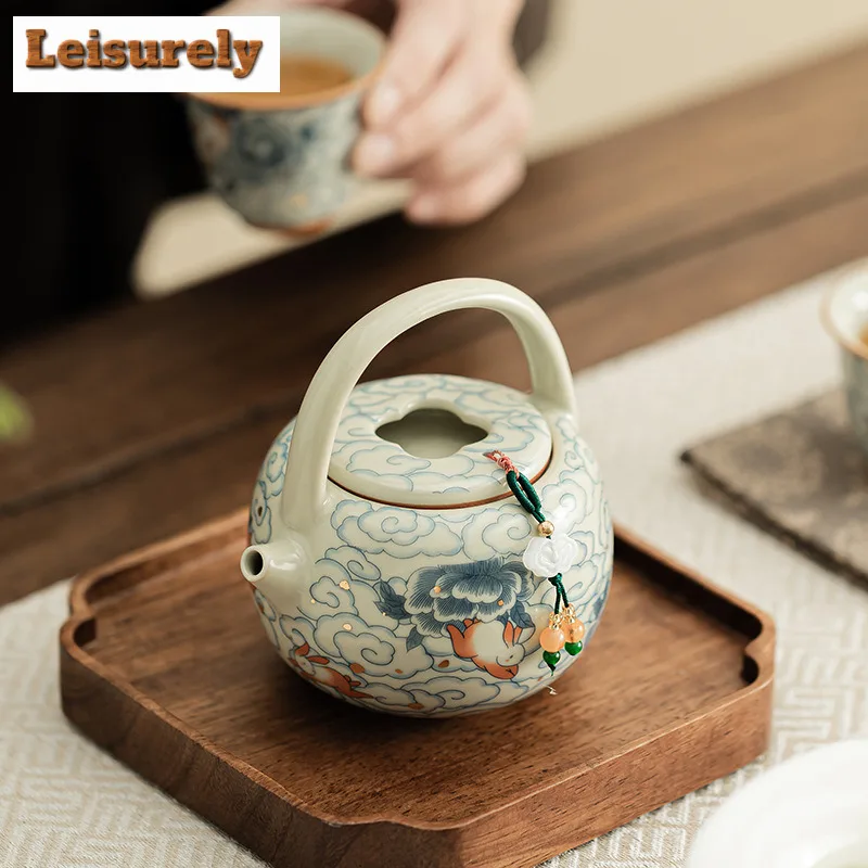 203ml Cloud Rabbit Ru Kiln Porcelain Lifting Beam Teapot Ancient Tea Infuser Pot Tea Maker Kettle With Ball Hole Teaset Ornament