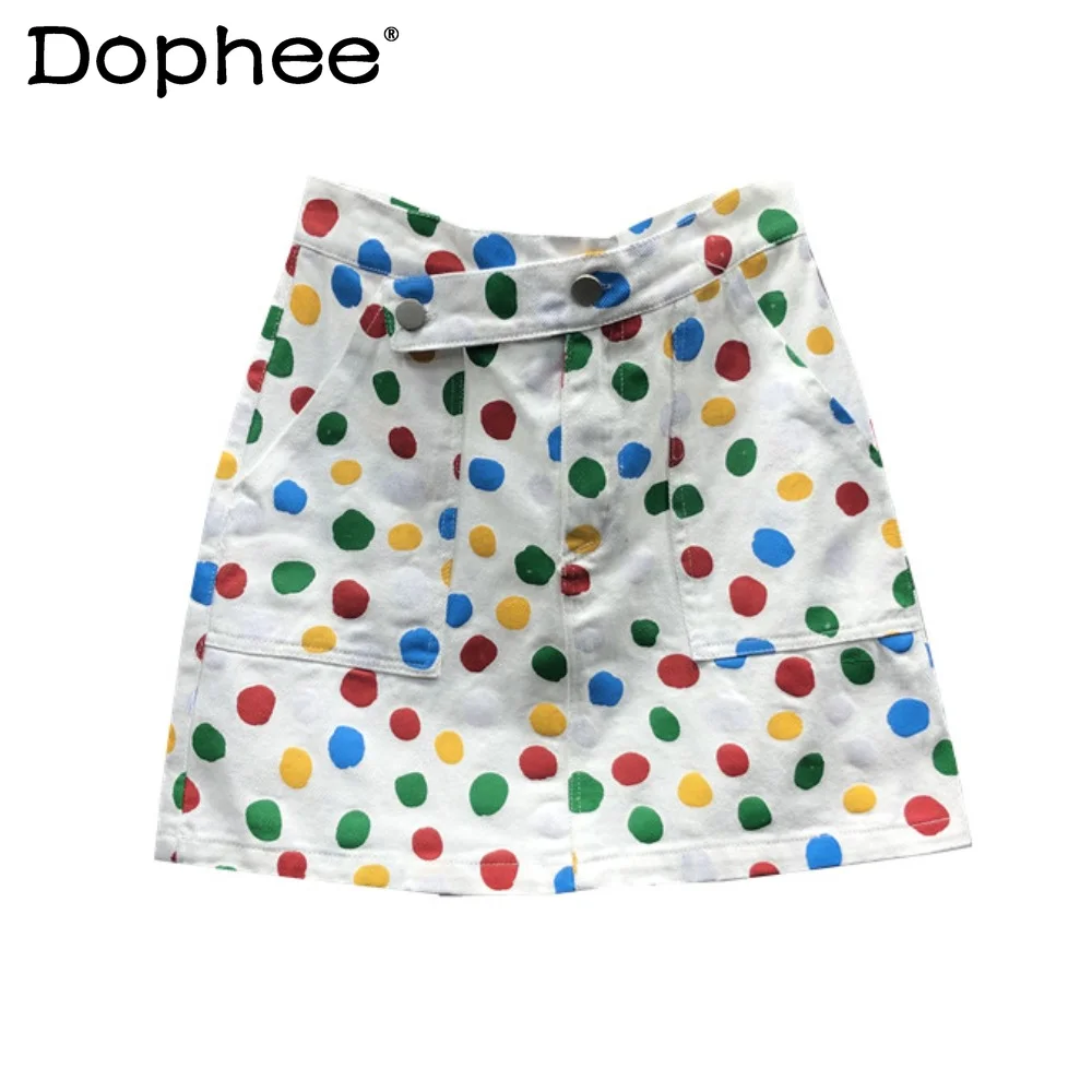

Women's Clothing Sweet Colorful Polka Dot Denim Skirt for Women 2023 Summer New Versatile Slimming Irregular Design A Hip Skirts