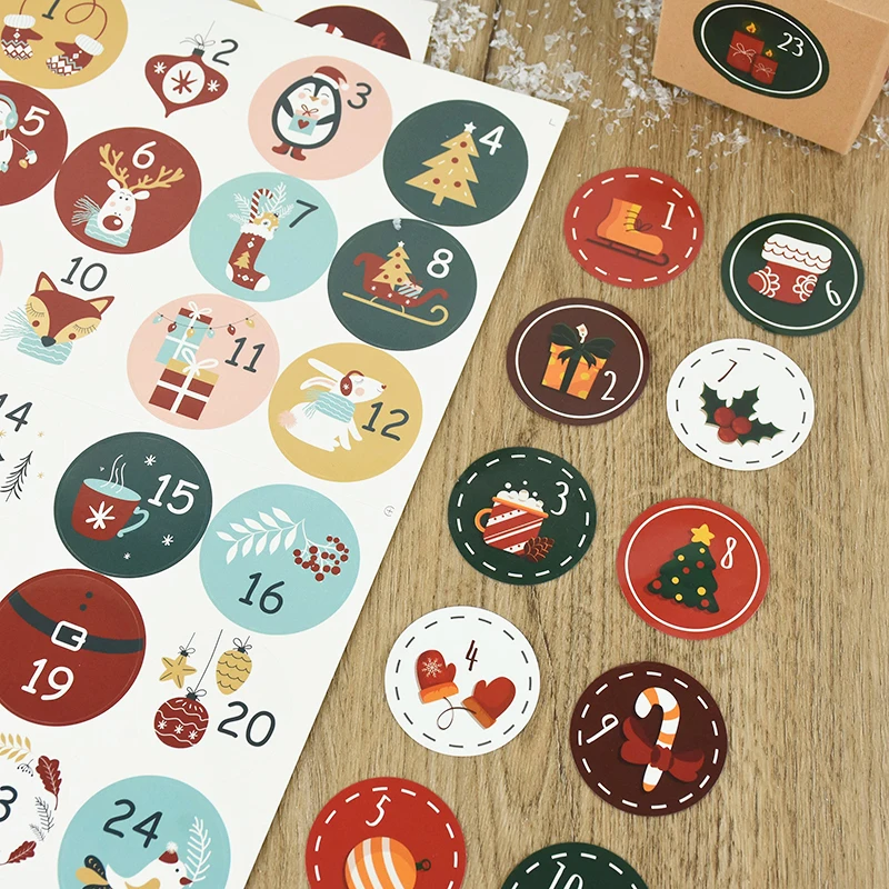 Kreisförmige Weihnachtsaufkleber, 24-Zahlen-Aufkleber, Weihnachts-Countdown-Aufkleber, Cartoon-Figur, Weihnachtsmann, Weihnachten, Monat, Geschenketiketten – Detail 10