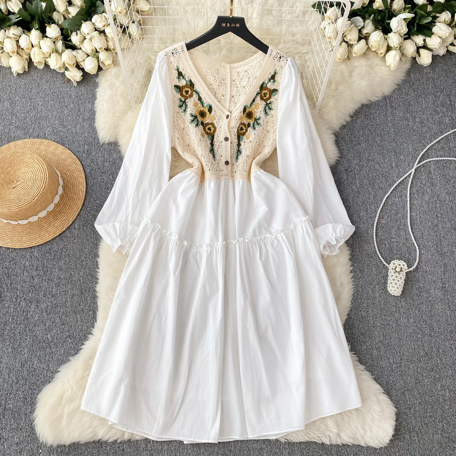 

Women Vintage Elegant Embroidery Patch V-Neck Knitted Dress A-line Flare Long Sleeve Casual High Waist Dress Autumn Women's