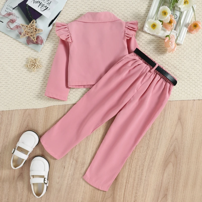 1-6Y Kids Girls Autumn Clothes Set with Belt Bag Baby Ruffle Long Sleeve Lapel Blazer Outwear + Long Pants 3Pcs Children Outfits kids clothing set,girls clothing set