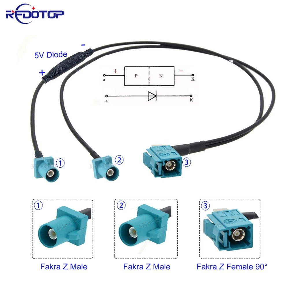 

1Pcs RG-174 Fakra Z Female to 2*Fakra Male 1 to 2 Y Type Splitter Cable With Diode RG174 Pigtail Car GPS Antenna Extension Cable
