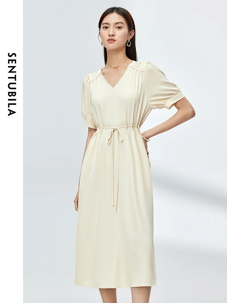 

SENTUBILA Retro Elegant V-neck A-line Dress 2024 Summer Lace-up Waisted Short Sleeve Midi Dresses Female Clothing M32L49649