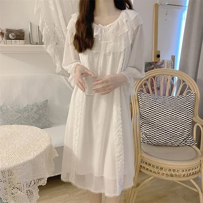 Womens Nightgown Long Sleeve Lovely Retro Silky French Nightgown Sweet Vintage White Nightwear Leisure Nightdress Nighty Pajamas