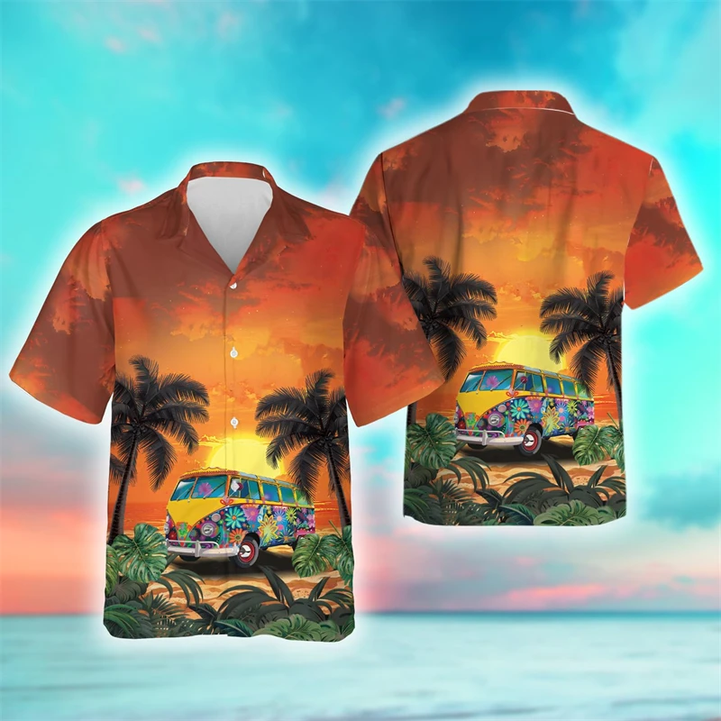 

Tropical Hawaiian Sunset Car 3D Printed Beach Shirts Casual Vacation Bus Short Sleeve Shirt For Men Clothes Caravan Lapel Blouse