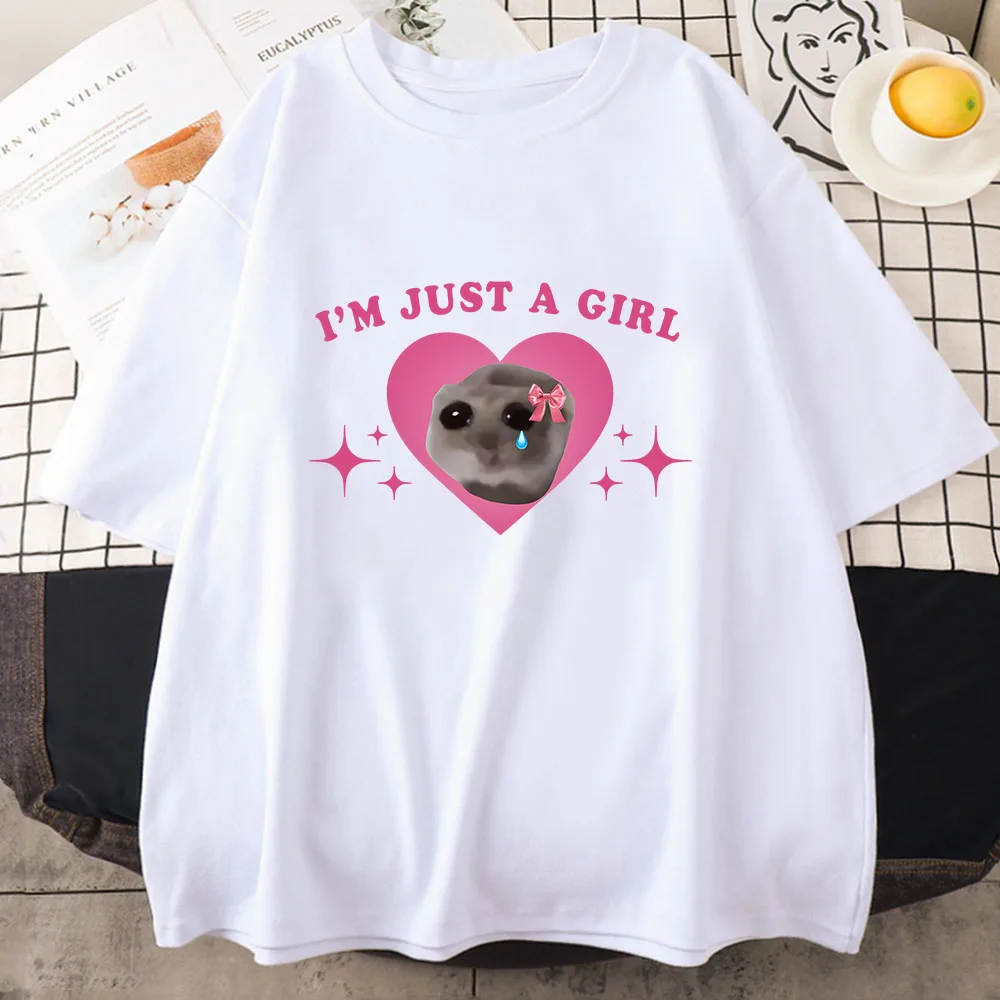 Sad Hamster Tshirt I'm Just A Girl Cartoon Printing Tee-shirt Casual Short Sleeve Summer Tshirts Cotton High Quality Girls Tees 6