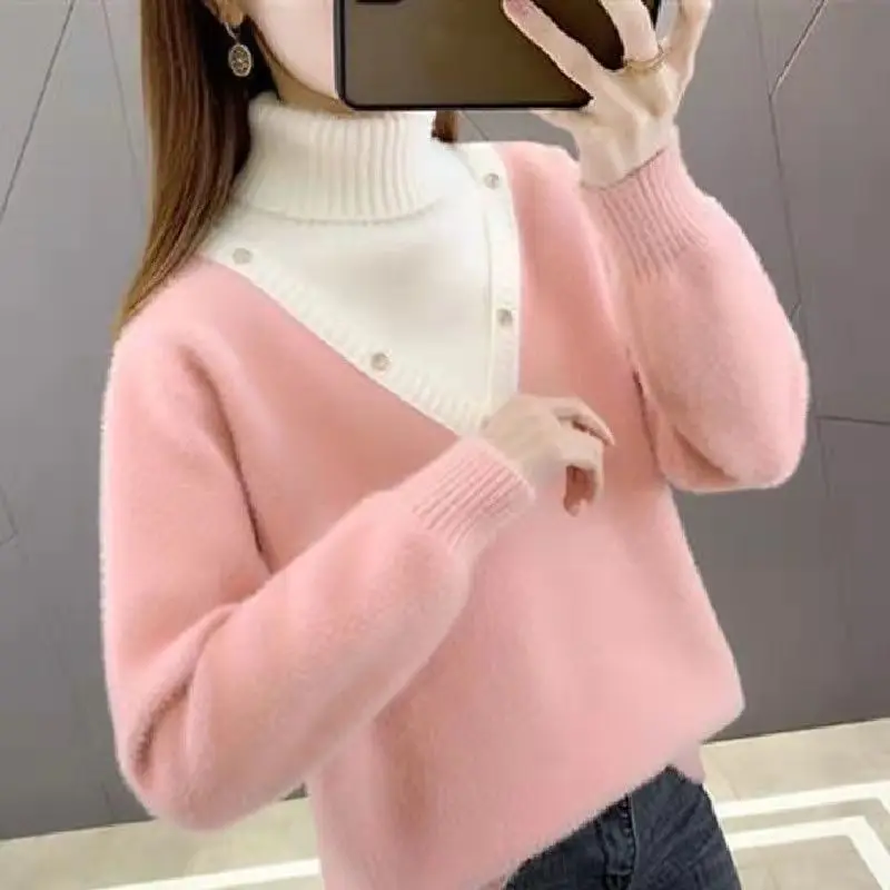 

Меховой и утолщенный свободный свитер из искусственного соболиного меха с высоким воротником для теплого женского пуловера 2023, Топ с длинным рукавом B510