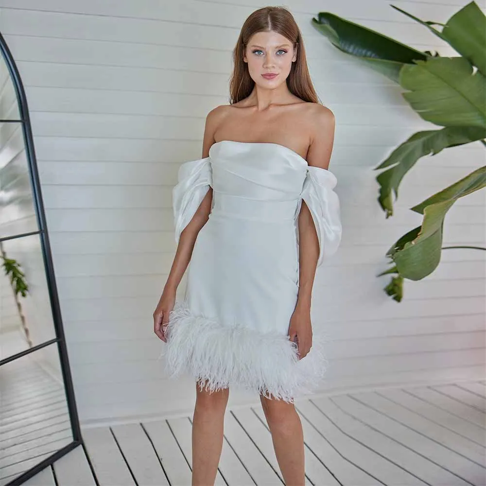 

Short Wedding Dress Feather Off the Shoulder Sheath/Column Wedding Gowns White Strapless Backless Wedding Party Dresses Mini