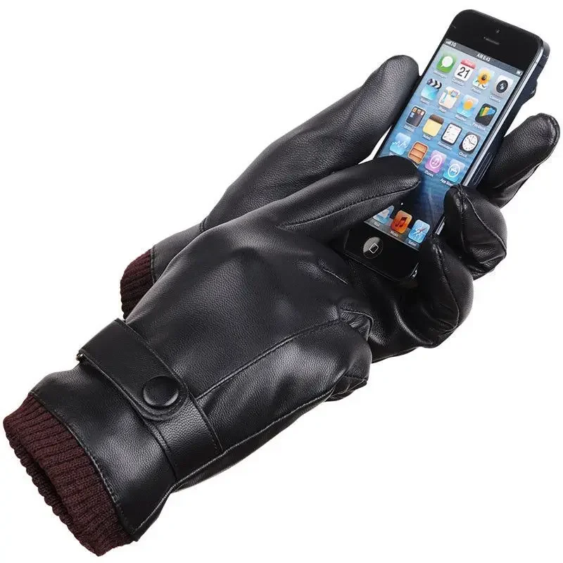 New Men Pu Leather Gloves Plus Velvet Warm Touchscreen Gloves Waterproof Glove Motorcycle Gants Winter Outdoor Cycling Washable