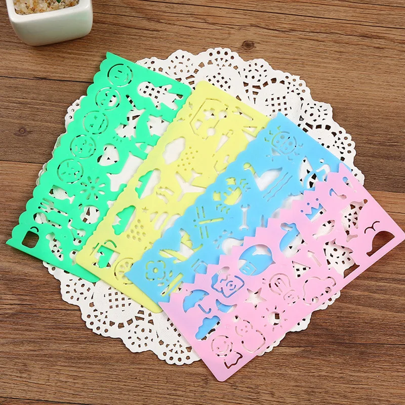 4pcs Set Colored Children Soft Plastic Ruler Drawing Board Openwork Pattern Template Creative Student Stationery Party Gift