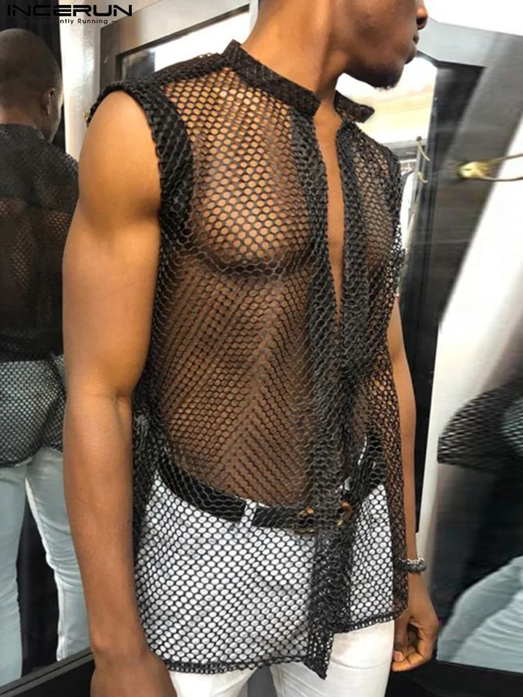 Tanie INCERUN moda koszula męska Mesh przezroczysty jednolity kolor Sexy otwórz