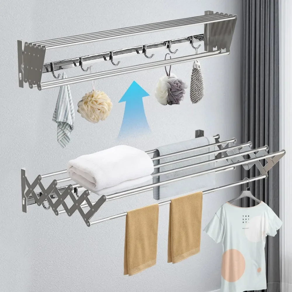 Clothes Drying Rack Wall Mounted Balcony Toilet Scalable Towel Storage Shelf Foldable Drying Racks Stainless Steel Towel Rack