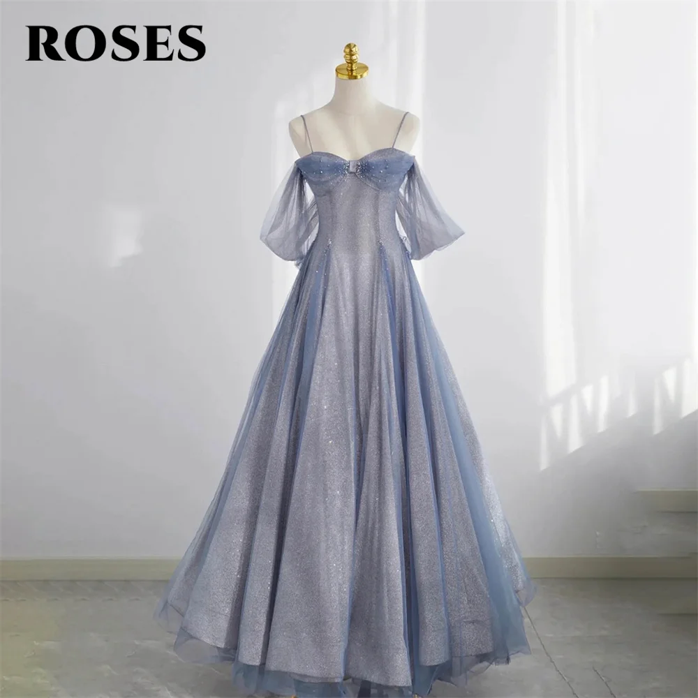 

ROSES Spaghetti Strap Special Occasion Dress Sequined Net A Line Formal Gown Sweetheart Long Evening Dresses vestidos de fiesta