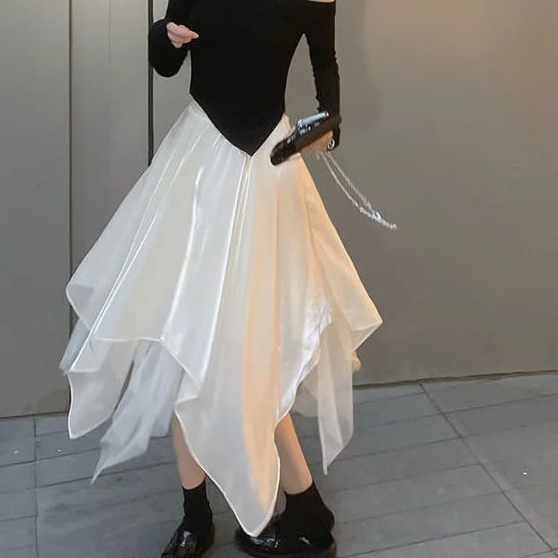 Korean Fashion All-match Asymmetrical Mesh Skirt 2023 Summer New Elegant Office Lady Commute High Waist A-Line Voile Midi Skirts glove women 2020 black glove punk goth lady disco dance costume lace fingerless mesh fishnet gloves