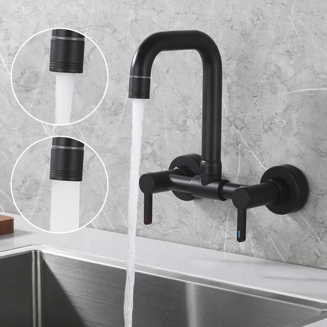 ก๊อกน้ำอ่างล้างจานแบบติดผนัง 2 หัวก๊อก น้ำร้อนน้ำเย็น หมุนได้ 2 รู สีดำด้าน 3