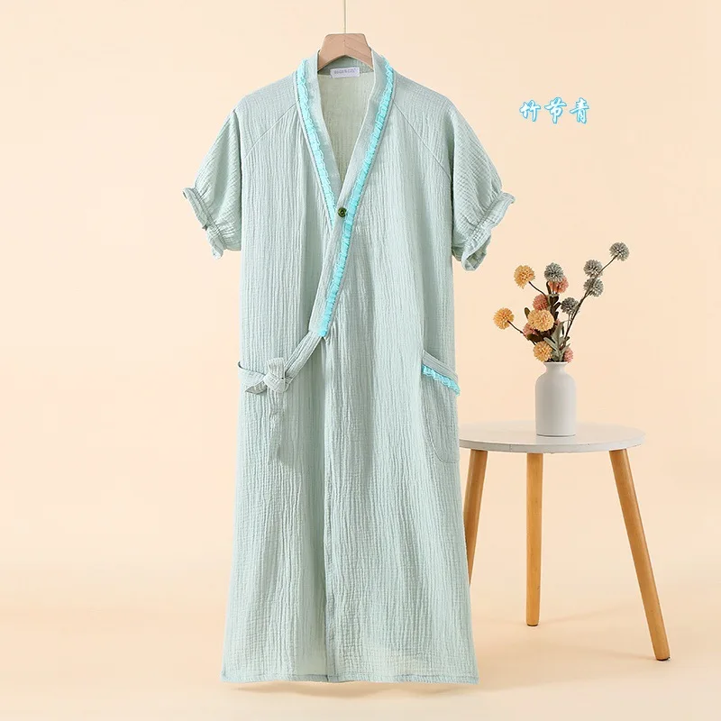 Short Sleeve Kimono Sleeping Robe Lace Color Blocked Strap Up Bathrobe Homewear Cute Sweat Steaming Women Clothing