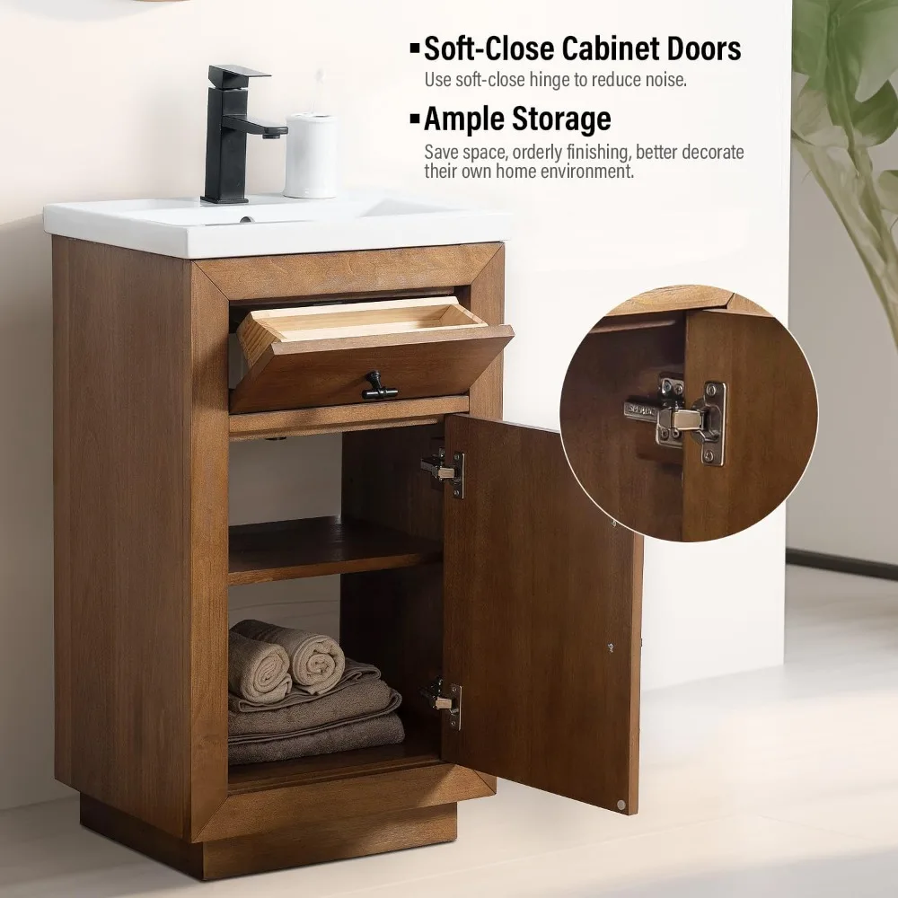 20 inch Bathroom Vanity with Ceramic Sink,with Doors and Removable Shelf, Modern Wood Cabinet with Marble Top, Solid Wood Frame 3