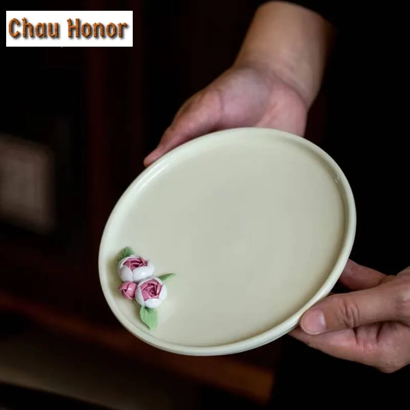 High-end Handmade Pinch Flowers Ceramic Round Tea Tray Handmade Household Chinese Kung Fu Tea Set Tea Ceremony Accessories Gift