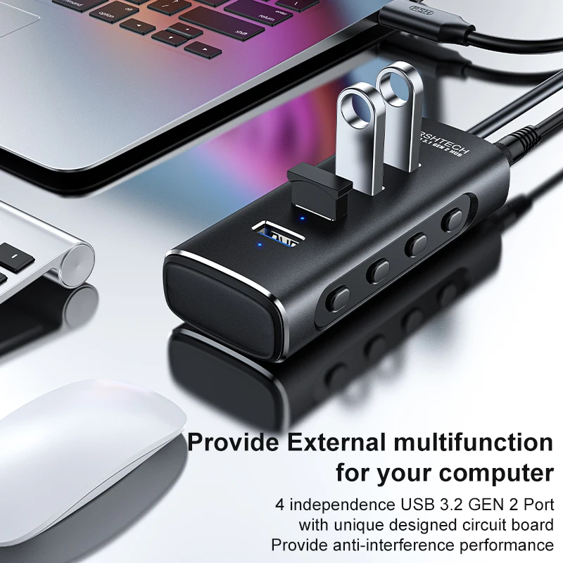 RSHTECH USB Hub 4 Ports 10Gbps Superspeed Data Transfer Extender with Individual Switches USB Splitter for Laptop PC Computers 5