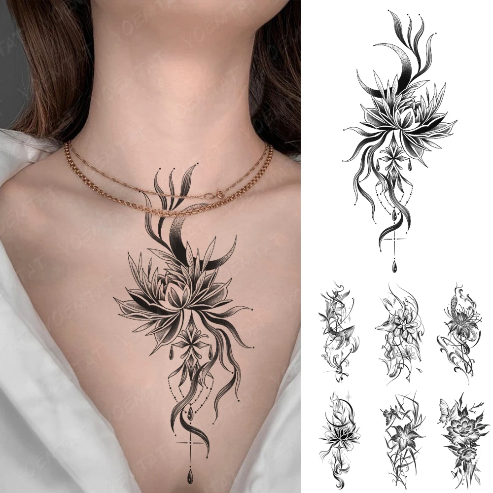 

Waterproof Temporary Tattoo Sticker Black Henna Lotus Moon Gems Whale Fox Snake Women Chest Arm Tatoo Fake Tattoos Men Body Art