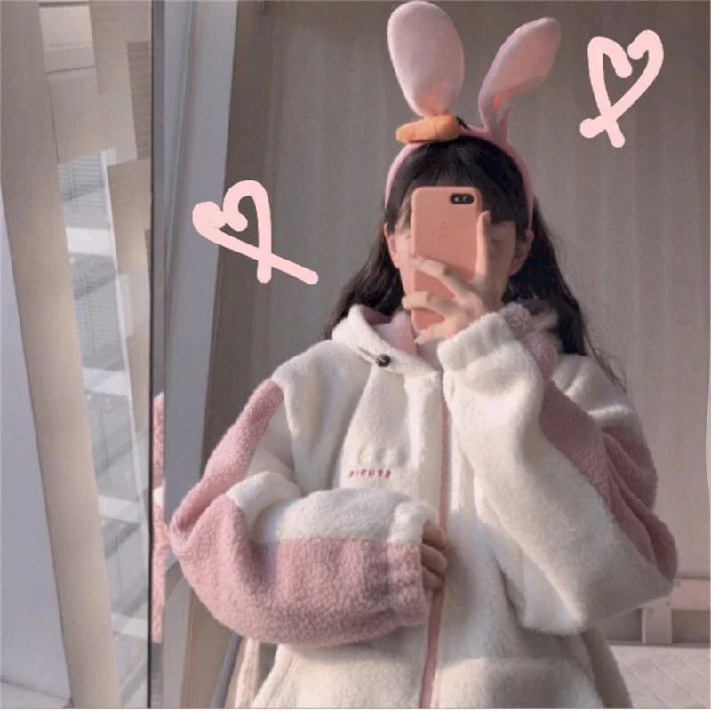 2023 Fall Winter Korean Preppy Style Women Coat Embroidery Imitation Lambswool Female Jacket Kawaii Sweet Japanese Girl Y2k Tops