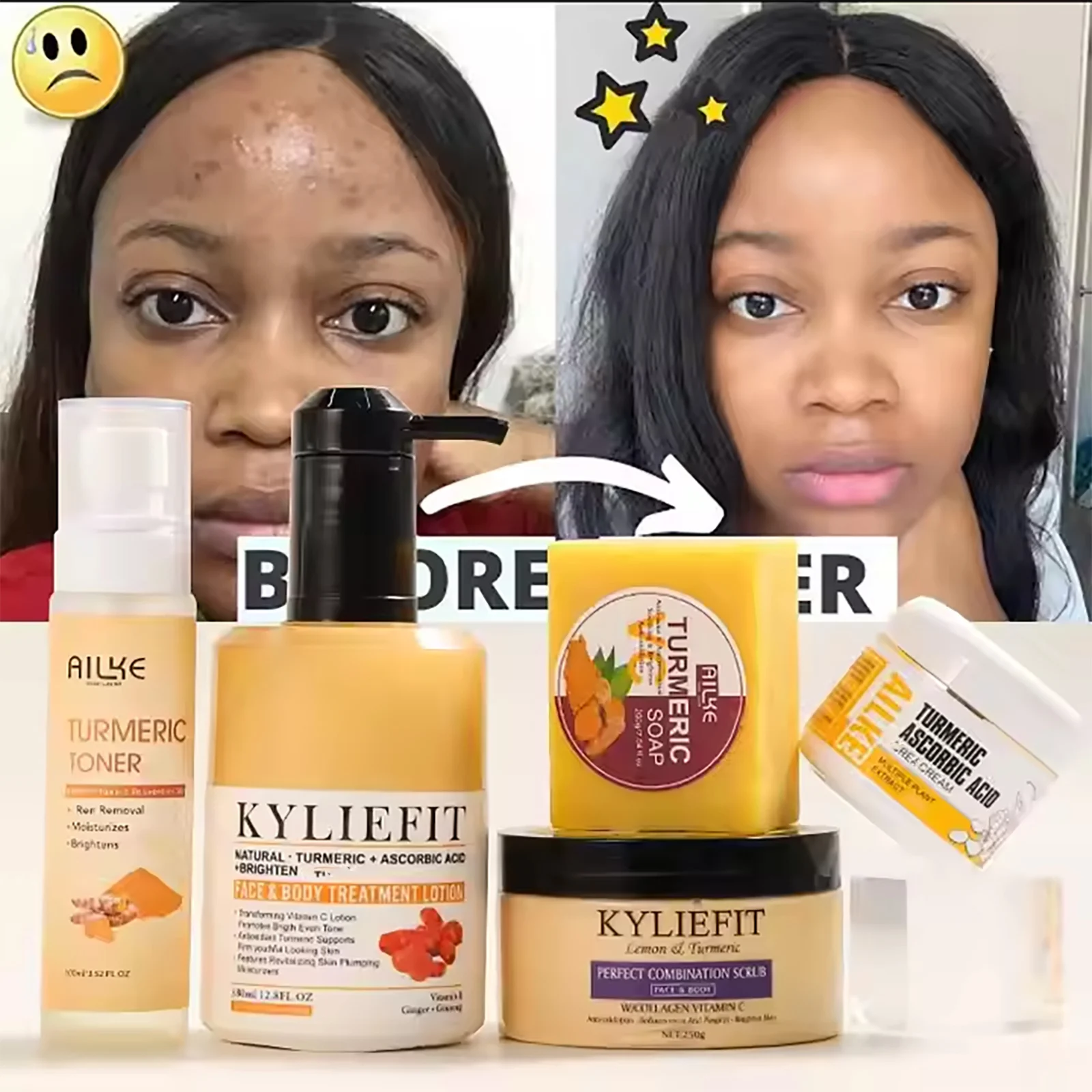 AILKE Organic Turmeric Skin Care Set, Reduce Acne, Cleaning Skin, Exfoliation, Whiten Skin, Even Skin Tone, Improve Dry Skin 3
