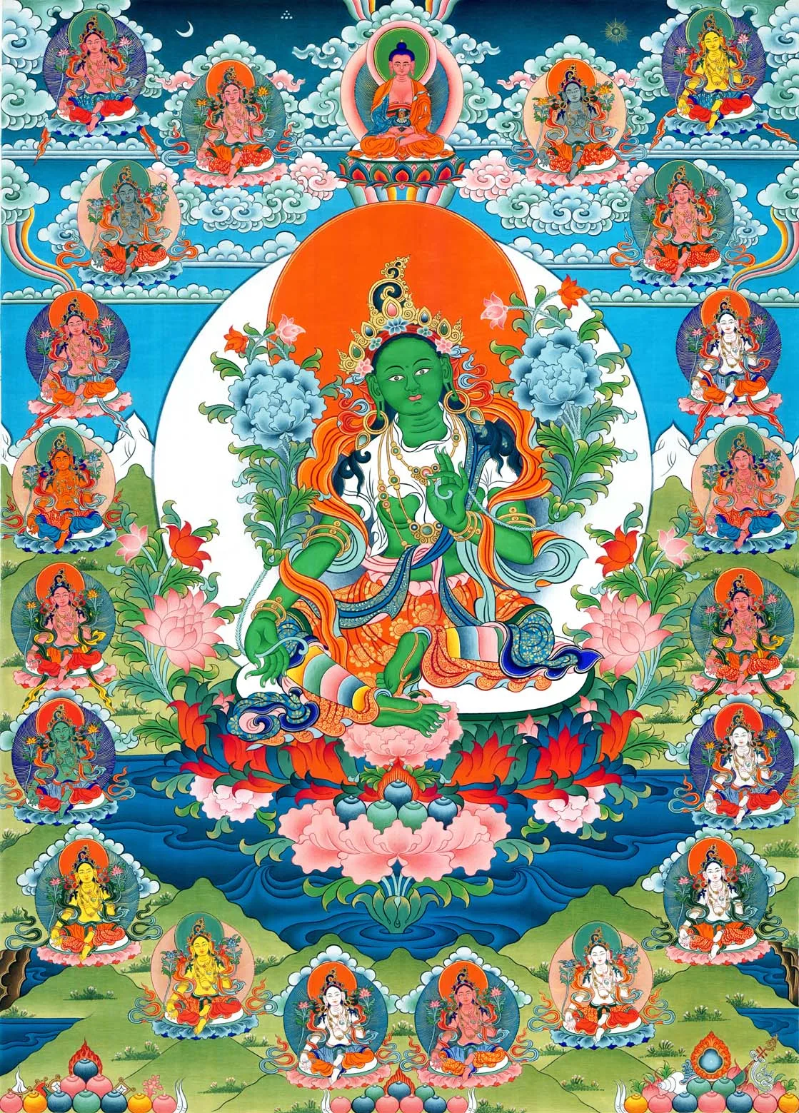 

The 21 Taras - Green Tara Thangka,Gandhanra Tibetan Buddhist Thangka Art,Giclee Printed and Hand Framed,47" × 32"