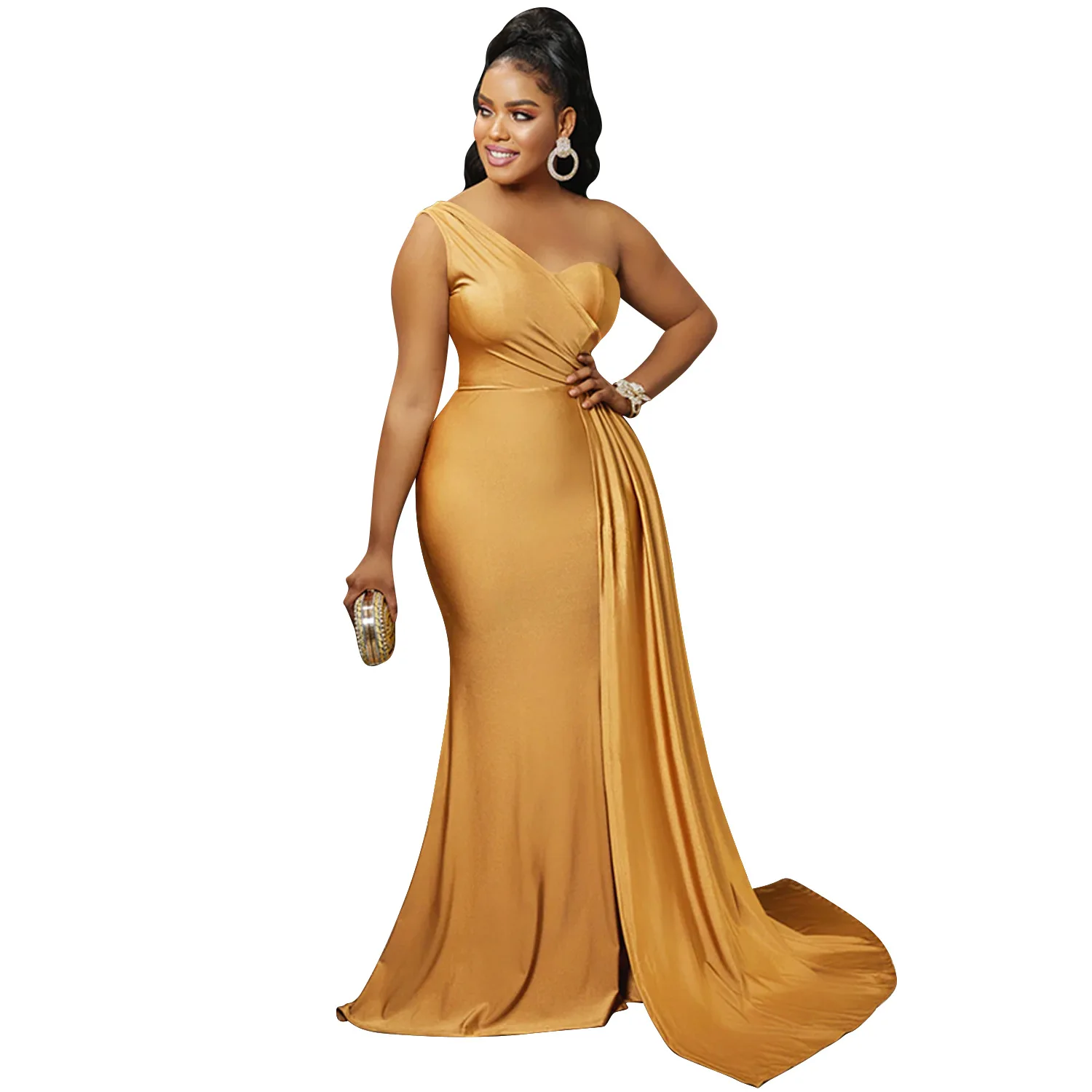 AEL Fashionable Sexy Holiday Elegant Woman One Shoulder Wrap Hem Dress