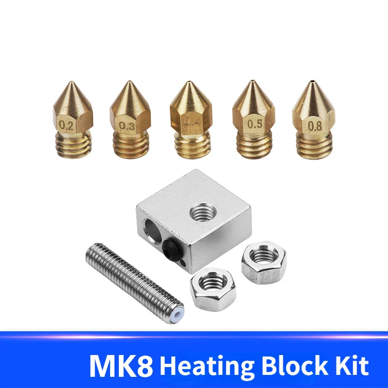 

3D Printer Accessories for MK7/8/9 Heating Block MK8 Nozzle 0.2/0.3/0.4/0.5 MM Throat Tube Set