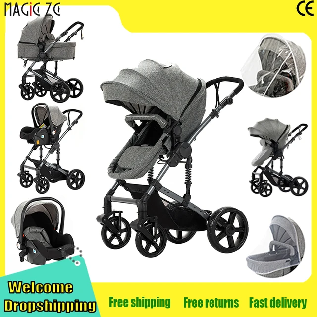 Poussette légère 3-en-1 pour bébé, convertible (assis et inclinable) avec panier de rangement, siège auto inclus, système de voyage pour nouveau-né, idéale pour les voyages en avion et les longs trajets, poussette pliable. 1