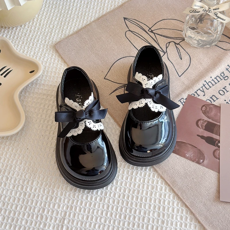 Girl's Leather Shoes Ruffles Ribbon Chunky Elegant Hook-loop Kids Mary Janes Spring Morden Black Wine Red Daily Children Shoe