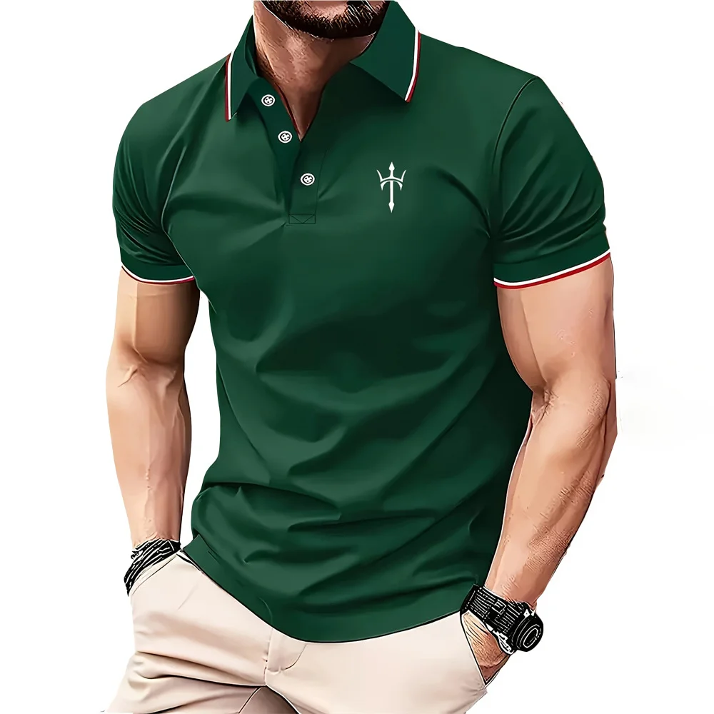 Polo da uomo con stampa a righe e lettere 3D, stile business casual, con risvolto, maniche corte, vestibilità ampia, traspirante, ideale per l'estate e il golf. - immagine 3