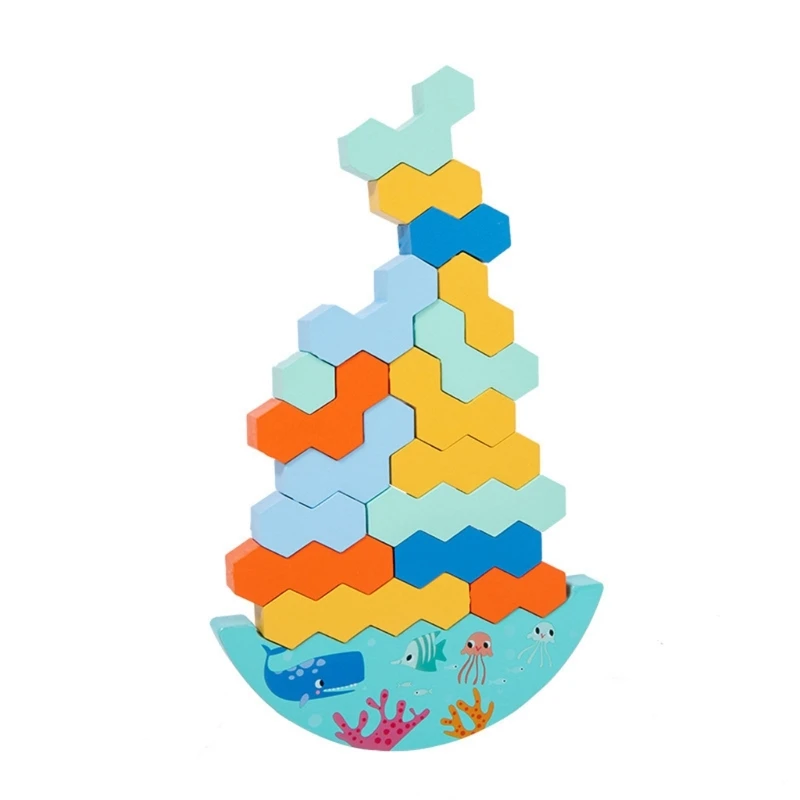 

Colourful Wooden Blocks Playset for 3 Years Old Toy Educational Puzzle Set Stacking Swing Boat- Gifts Party Supplies