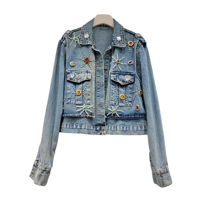 

Vintage Blue Heavy Work Beading Diamonds Big Pocket Denim Jacket Women Loose Short Cowboy Outerwear Casual Jeans Jacket Female